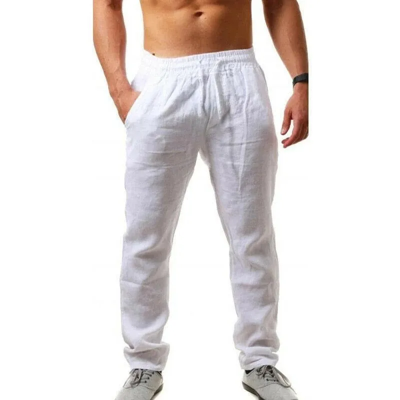 2023 New Men'S Cotton Linen Pants Male Summer Breathable Solid Color Linen Trousers Fitness Streetwe