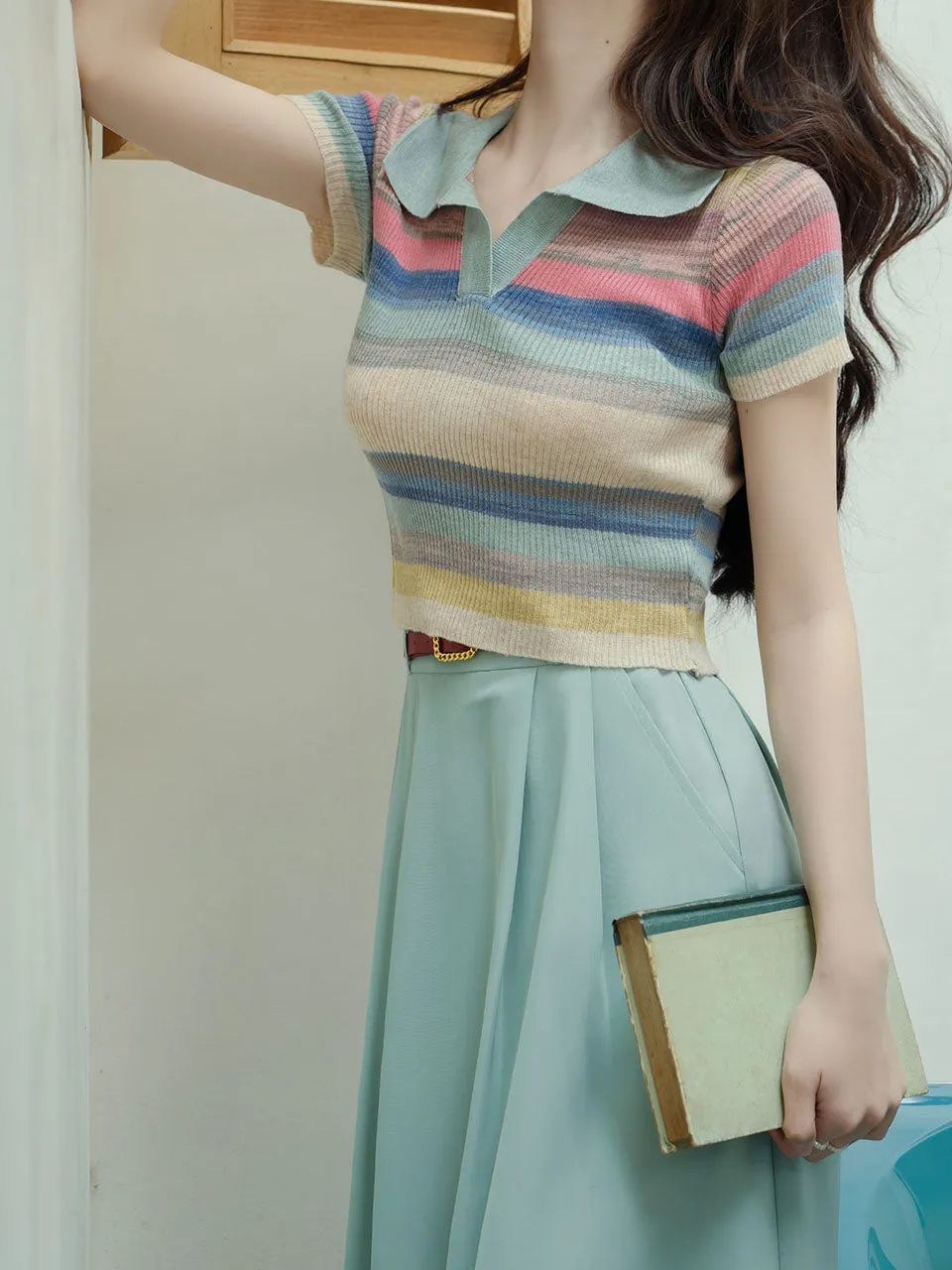 2PS Green Stripe Knitted Lapel Shirt And Swing Skirt Dress Set