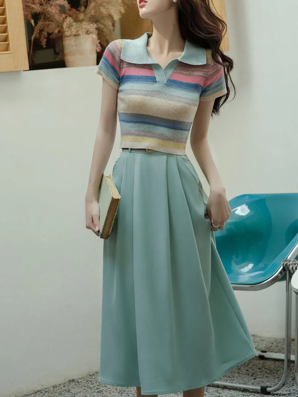 2PS Green Stripe Knitted Lapel Shirt And Swing Skirt Dress Set