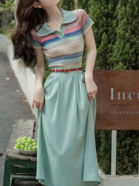 2PS Green Stripe Knitted Lapel Shirt And Swing Skirt Dress Set