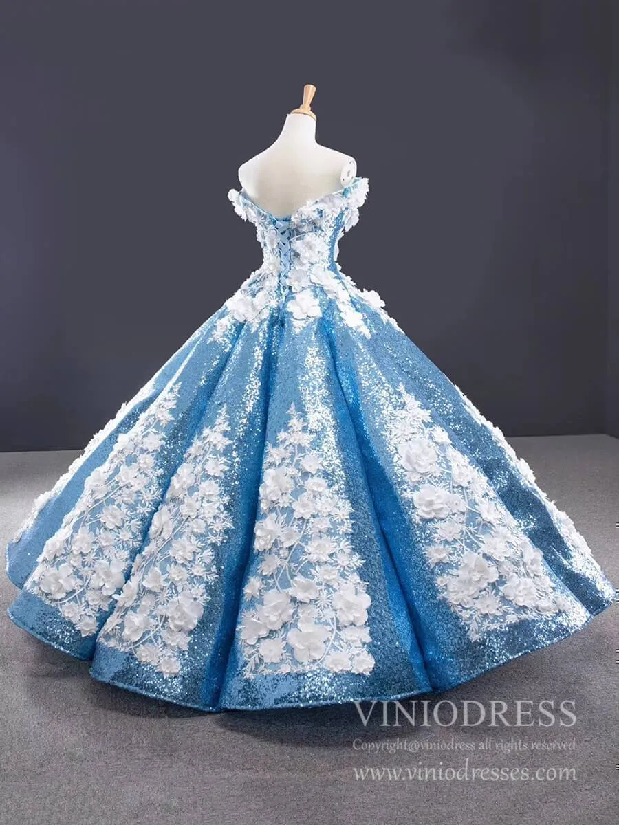 3D Floral Sequin Ball Gown Prom Dresses FD1109