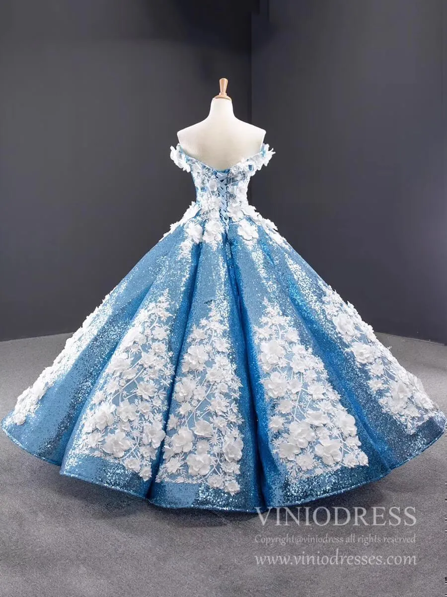 3D Floral Sequin Ball Gown Prom Dresses FD1109