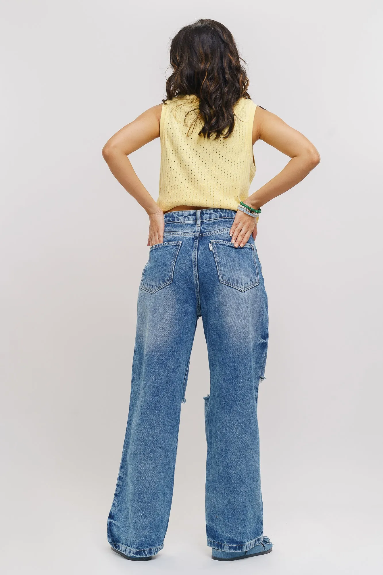 90's Mid Blue Distressed Straight Jeans