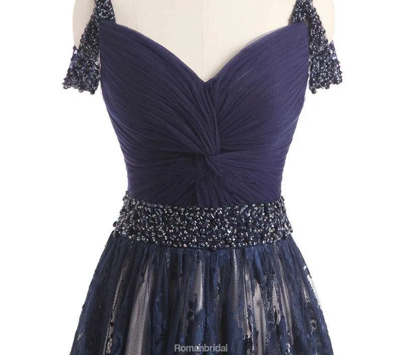 A-line Floor-length Navy Blue Beading Lace Tulle Prom Dresses, PD0693