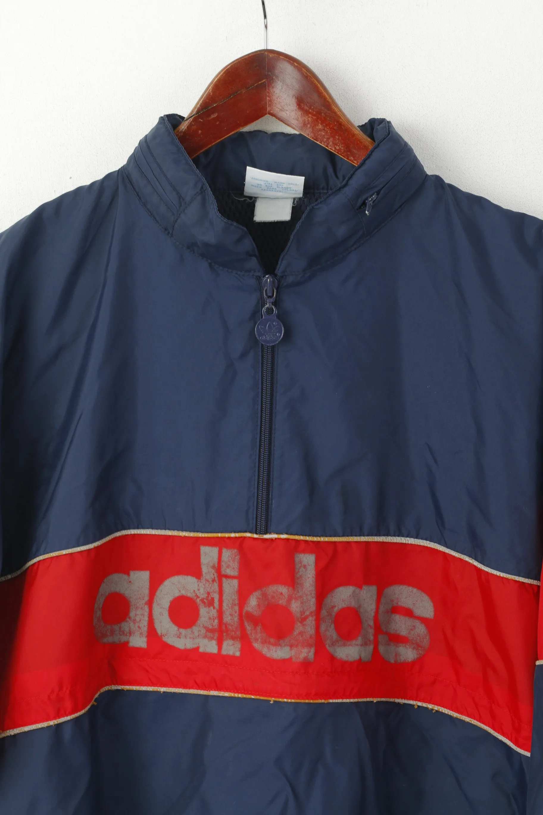 Adidas Men XL Pullover Jacket Navy Vintage Zip Neck Hidden Hood Reflective Top