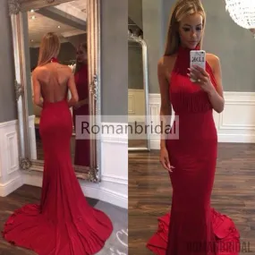 Amazing Red Backless high neck evening dress, Simple Mermaid Ruffles Court-Train Red Backless Prom dress, PD0432