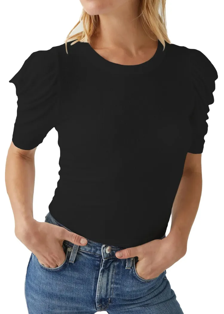 Andrea Pleated Sleeve Crop Top - Black