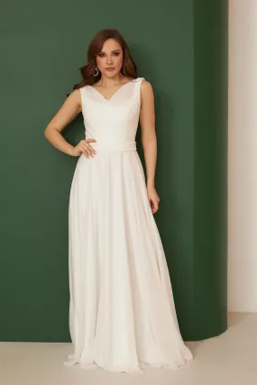 Angelino Ecru Chiffon Degage Collar Long Wedding Dress