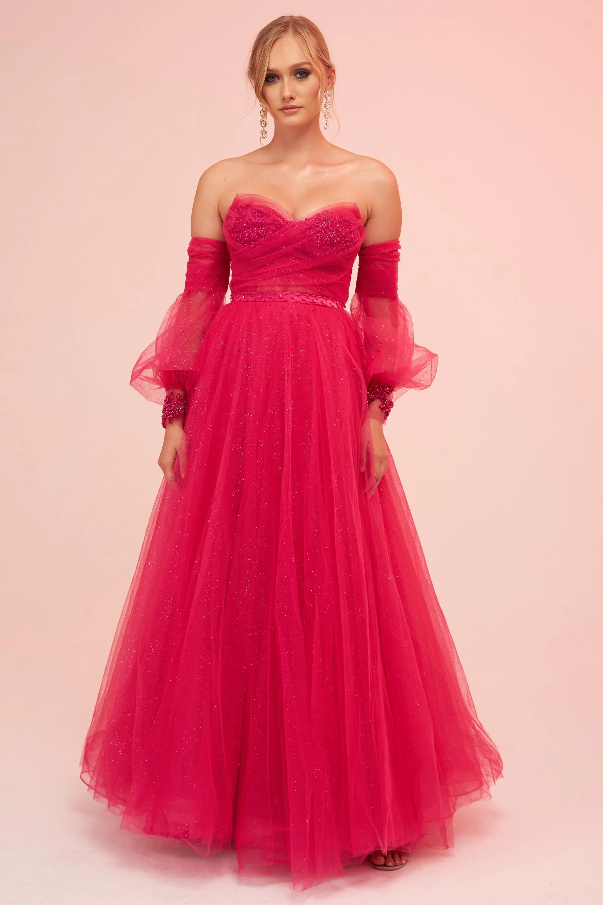 Angelino Fuchsia Tulle Low Sleeve Engagement Evening Dress