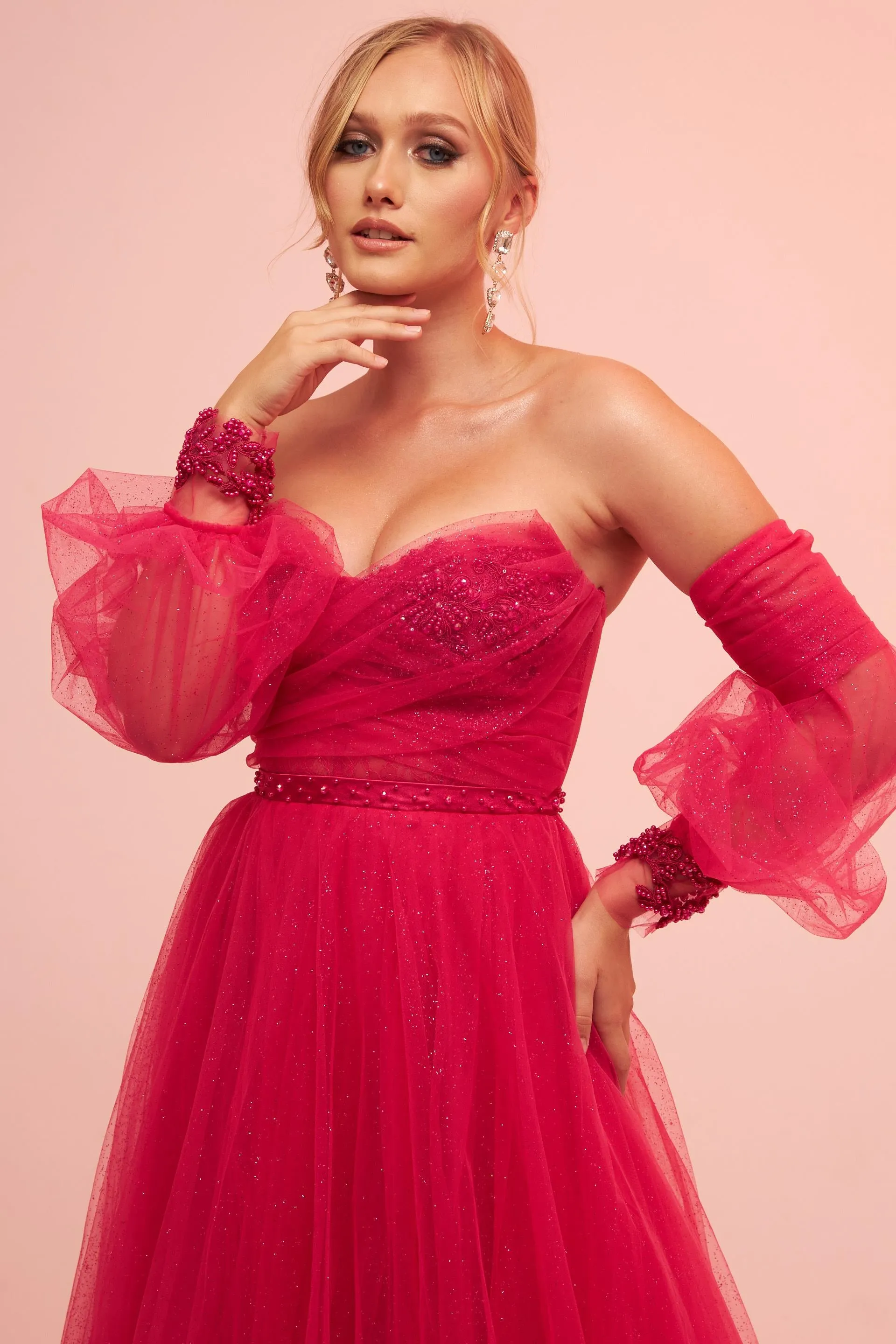 Angelino Fuchsia Tulle Low Sleeve Engagement Evening Dress