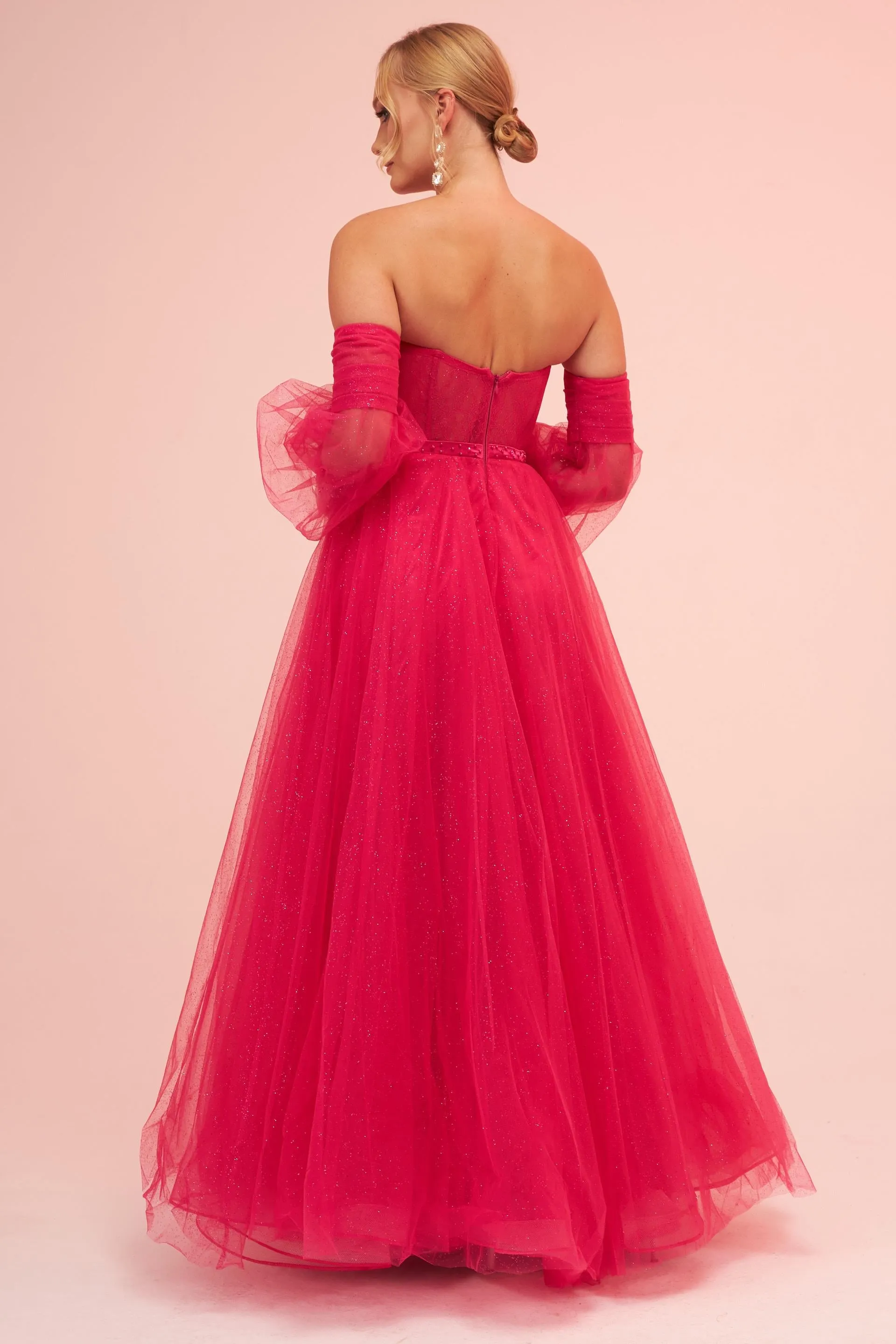 Angelino Fuchsia Tulle Low Sleeve Engagement Evening Dress