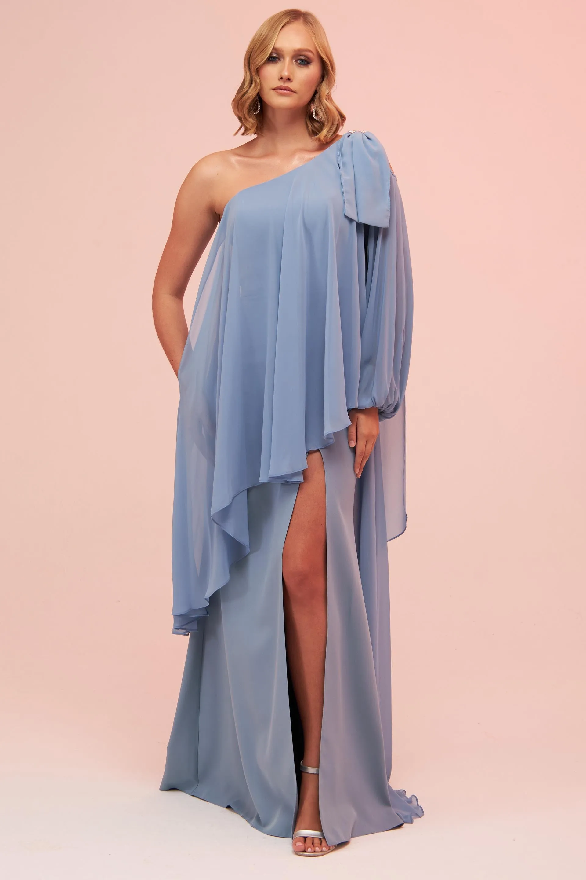 Angelino Indigo Single Sleeve Slit Plus Size Chiffon Evening Dress