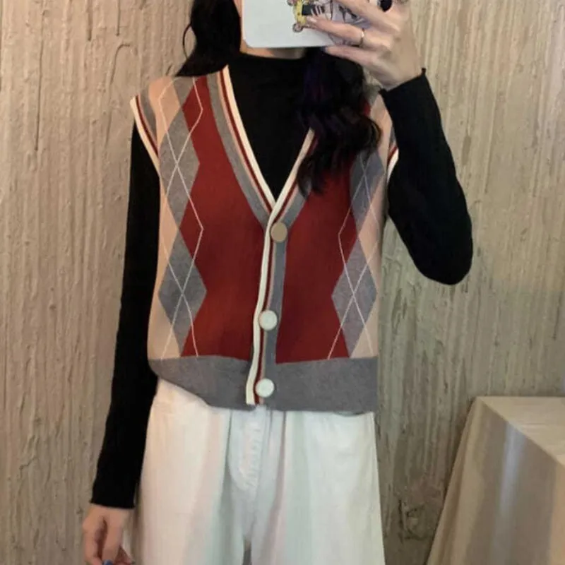 Argyle Women Cardigan Sweater Fashion V Neck Knit Fall Jumper Vest Casual Button Up Female Outwear