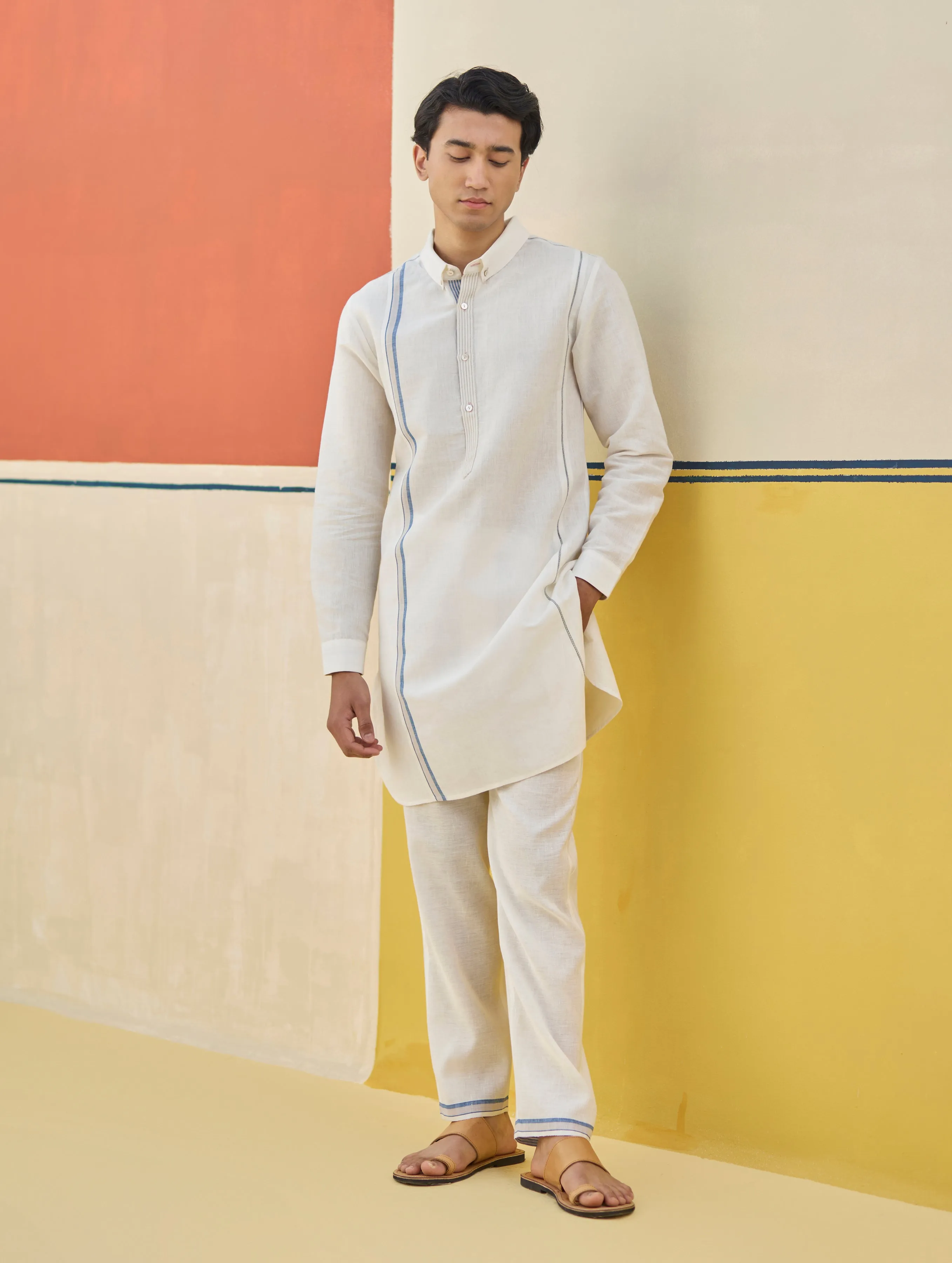 Arin Border Linen Kurta Set - Ivory