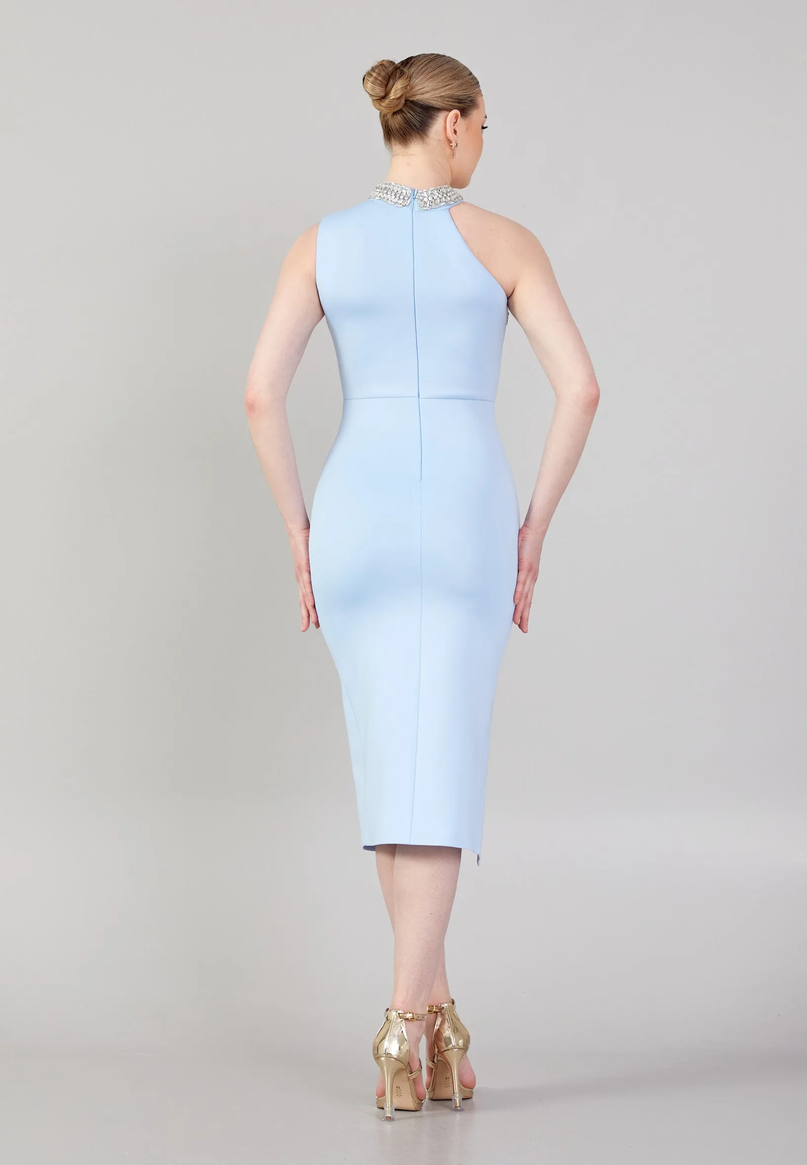 Asymmetric Mock Neck Midi Dress - Baby Blue