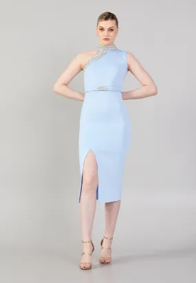 Asymmetric Mock Neck Midi Dress - Baby Blue