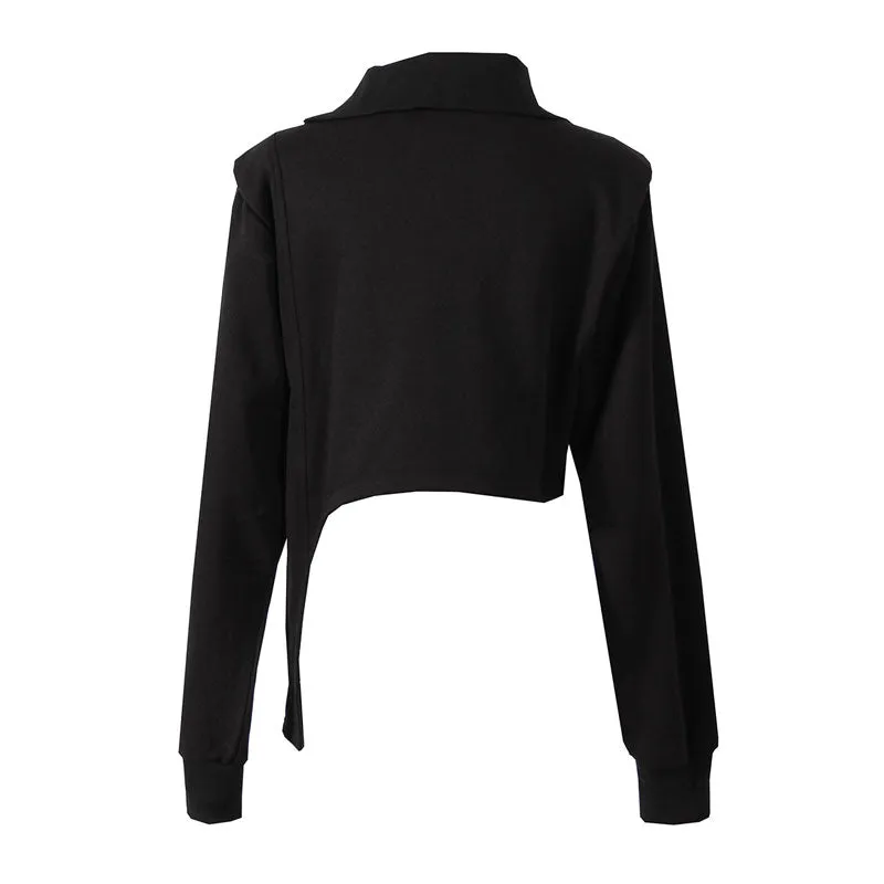 Asymmetric Zip Detail Turtleneck Shoulder Pad Long Sleeve Crop Top