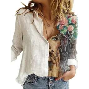 Autumn Women Vintage Print Slub Linen Shirt Blouse Large Size 3XL New Trend Office Lady Shirts Female Patchwork Clothings