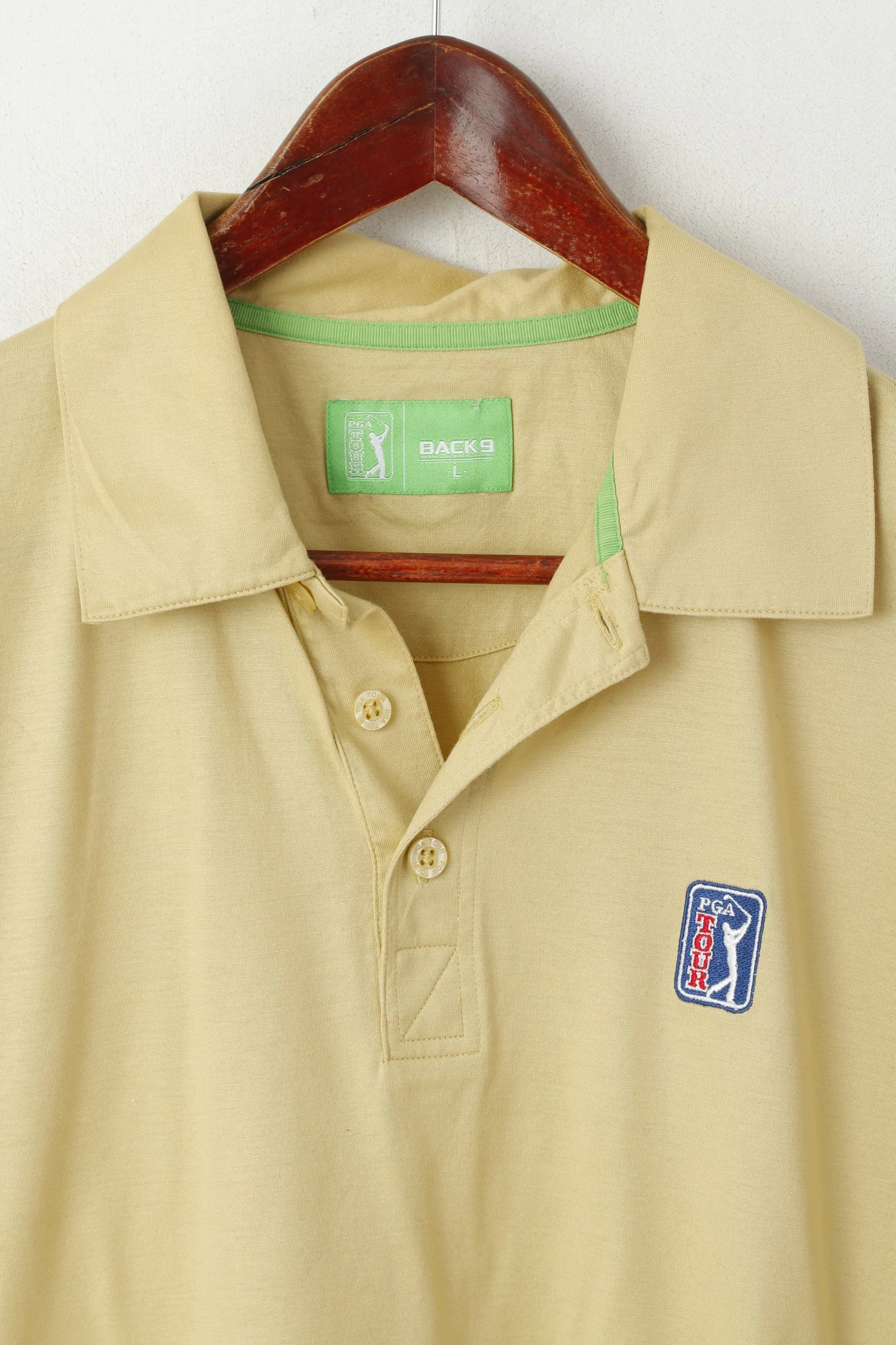 Back9 PGA Tour Men L Polo Shirt Beige Cotton Golf Sport Vintage Detailed Buttons Top