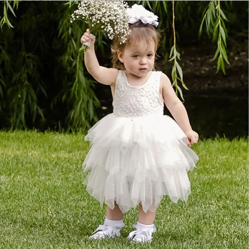 Ball Gown Round Neck Grey Tiered Flower Girl Dress with Lace, TYP1153