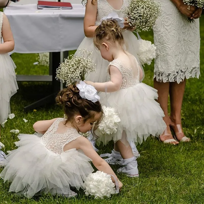 Ball Gown Round Neck Grey Tiered Flower Girl Dress with Lace, TYP1153