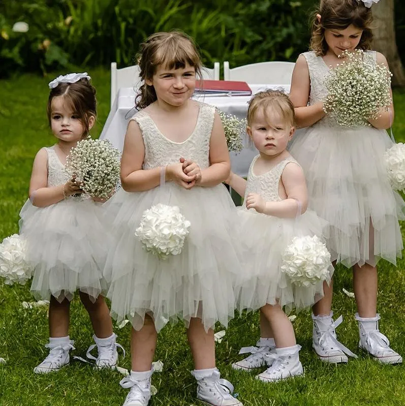 Ball Gown Round Neck Grey Tiered Flower Girl Dress with Lace, TYP1153