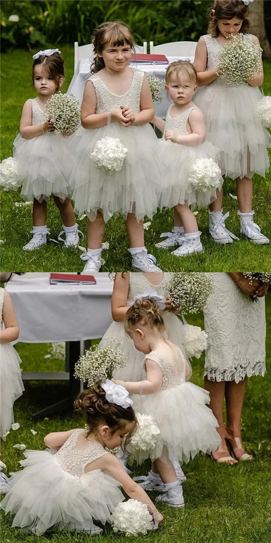 Ball Gown Round Neck Grey Tiered Flower Girl Dress with Lace, TYP1153