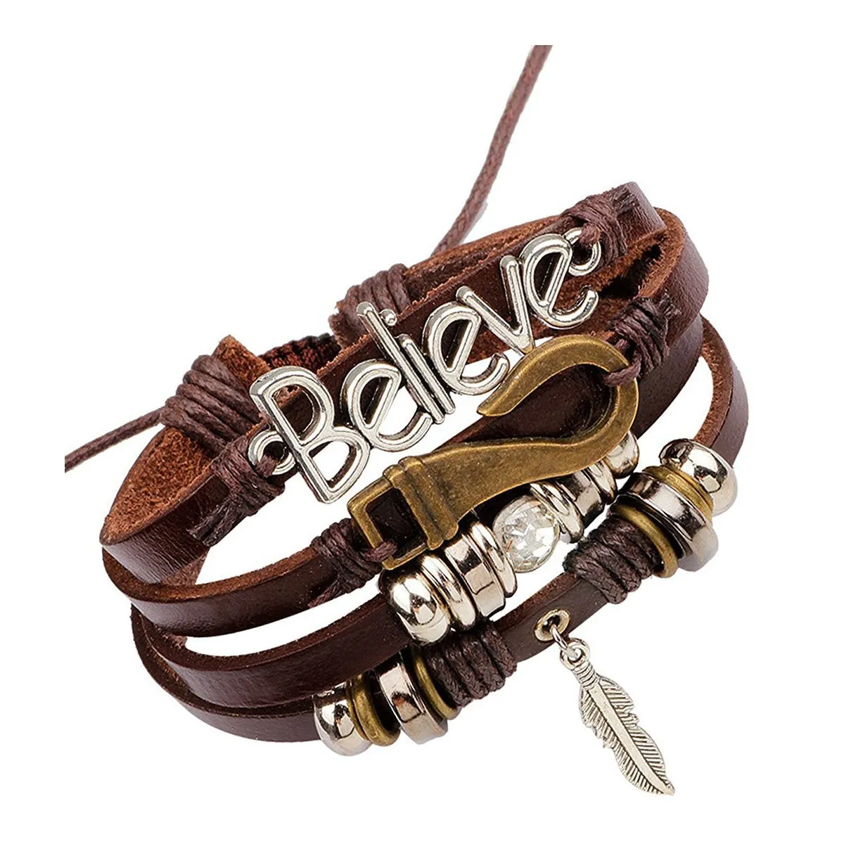 Believe Brown Leather Beads Charm Multi-Strand Unisex Bracelet Men