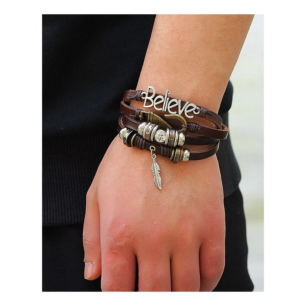 Believe Brown Leather Beads Charm Multi-Strand Unisex Bracelet Men