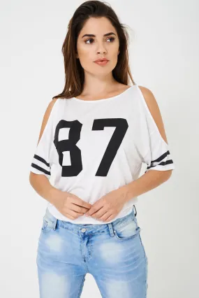 BIK BOK Off Shoulder Baseball Top in White