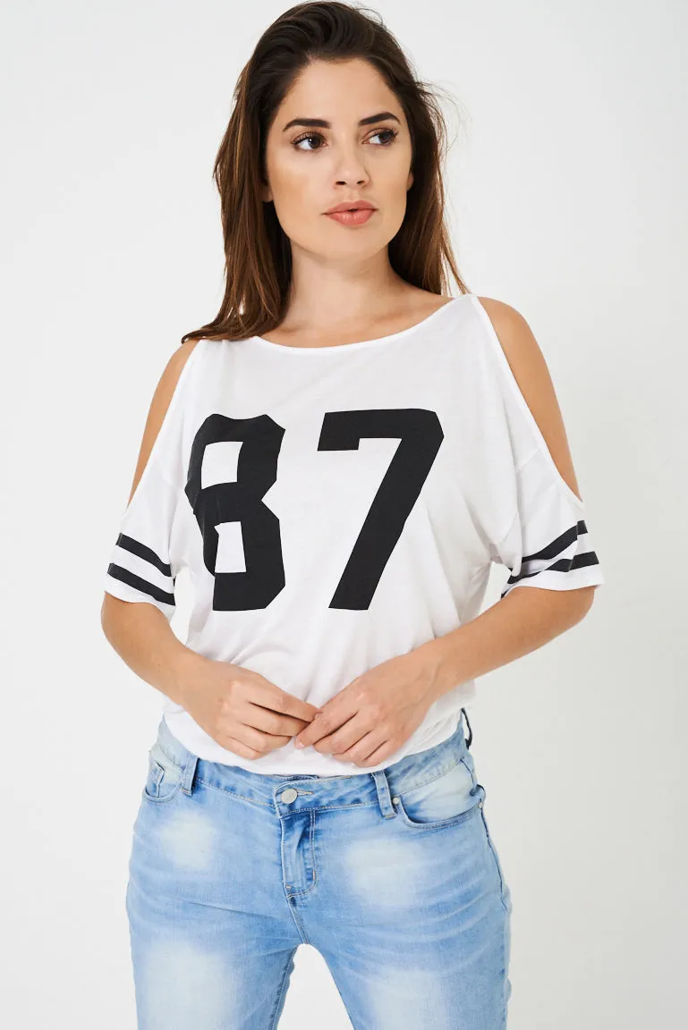 BIK BOK Off Shoulder Baseball Top in White