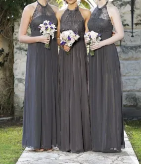 black bridesmaid dresses long chiffon lace appliqué a line halter cheap wedding guest dress