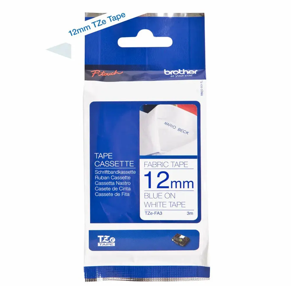 Brother 12mm Blue on White Genuine Fabric Tape Cassette - White | TZEFA3