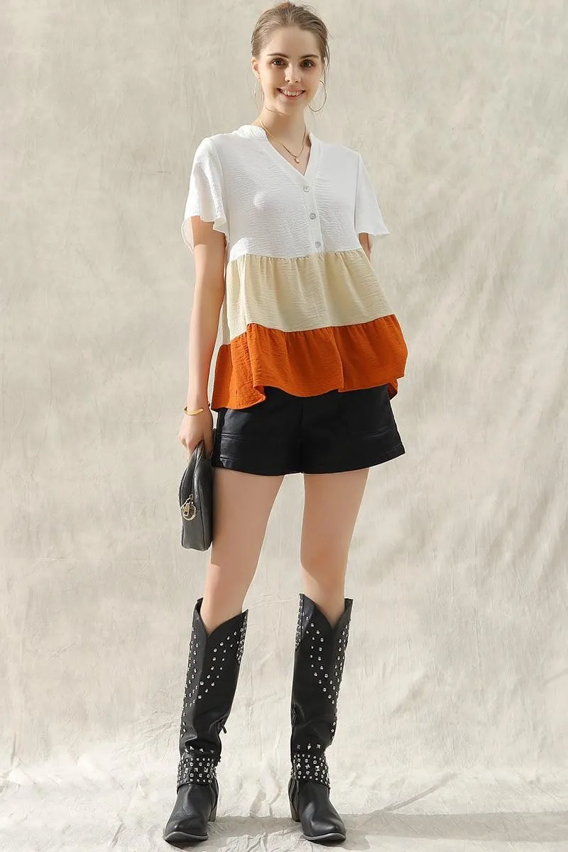 BUTTON UP COLOR BLOCK RUFFLED TUNIC TOP