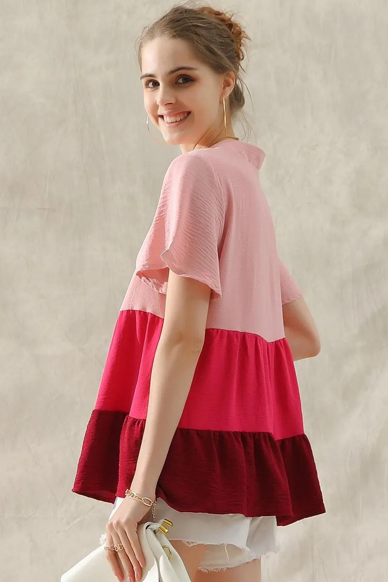 BUTTON UP COLOR BLOCK RUFFLED TUNIC TOP