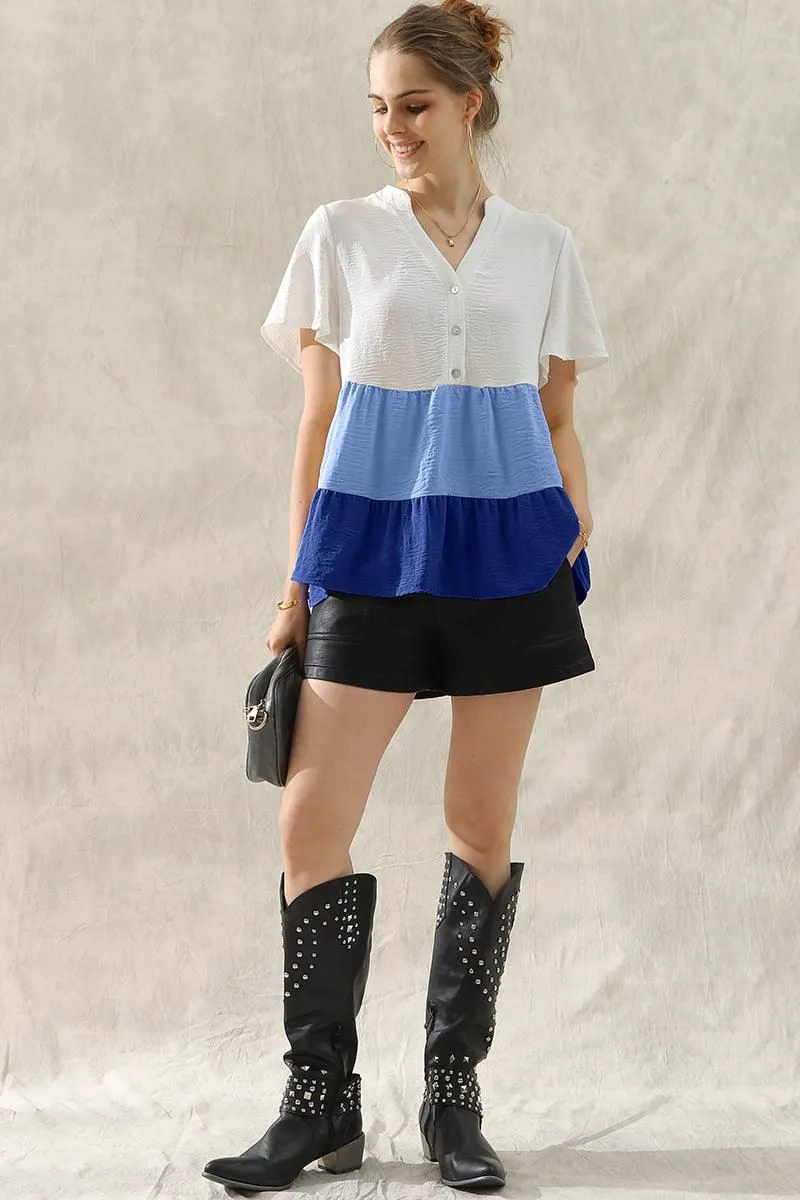 BUTTON UP COLOR BLOCK RUFFLED TUNIC TOP