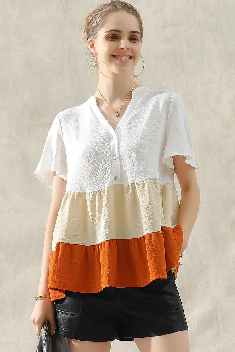 BUTTON UP COLOR BLOCK RUFFLED TUNIC TOP