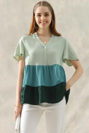 BUTTON UP COLOR BLOCK RUFFLED TUNIC TOP