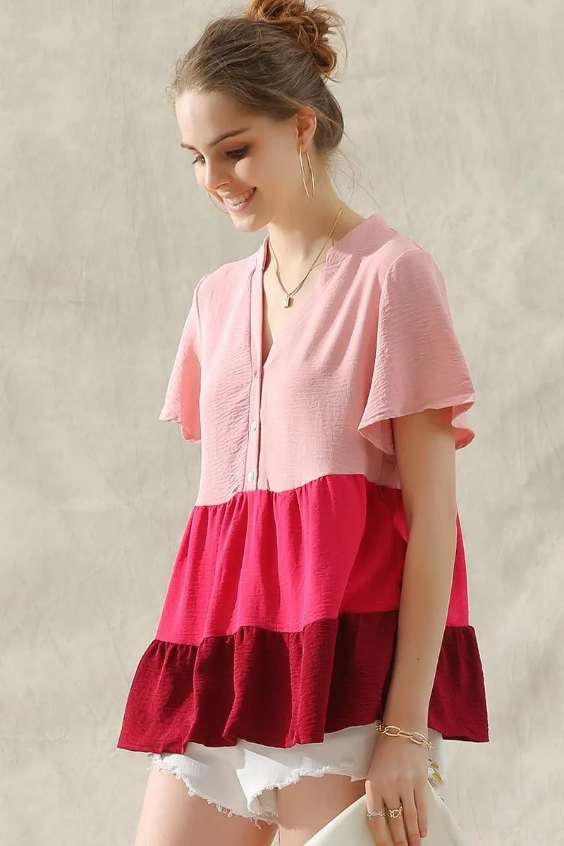 BUTTON UP COLOR BLOCK RUFFLED TUNIC TOP