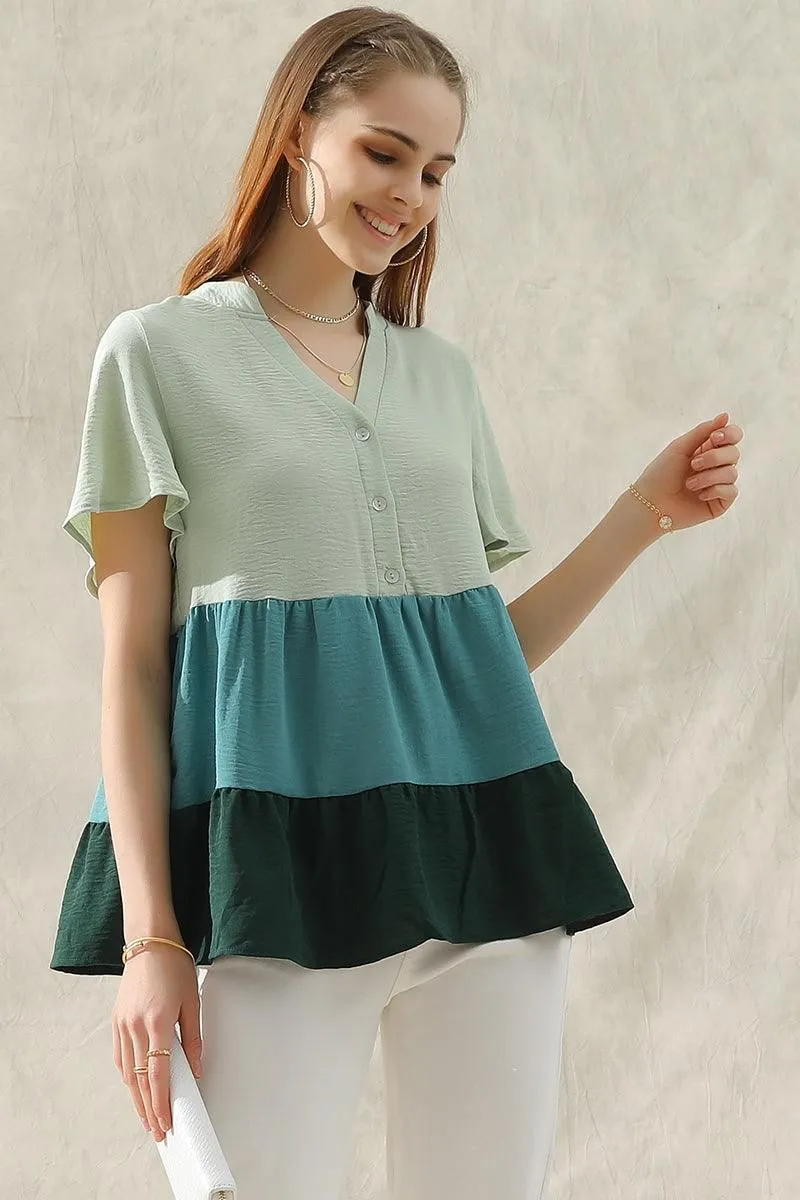 BUTTON UP COLOR BLOCK RUFFLED TUNIC TOP