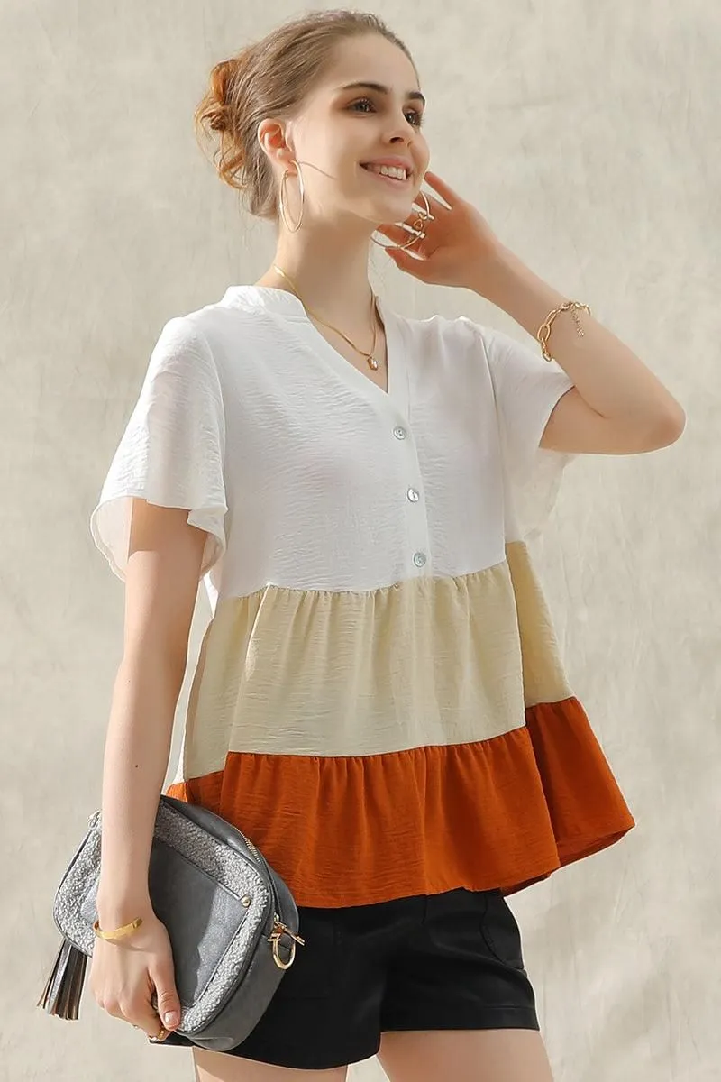 BUTTON UP COLOR BLOCK RUFFLED TUNIC TOP