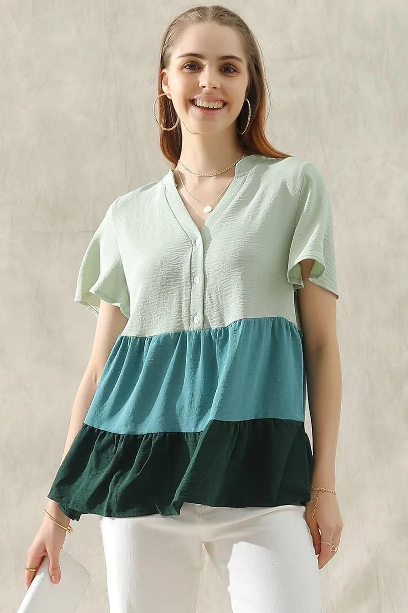 BUTTON UP COLOR BLOCK RUFFLED TUNIC TOP