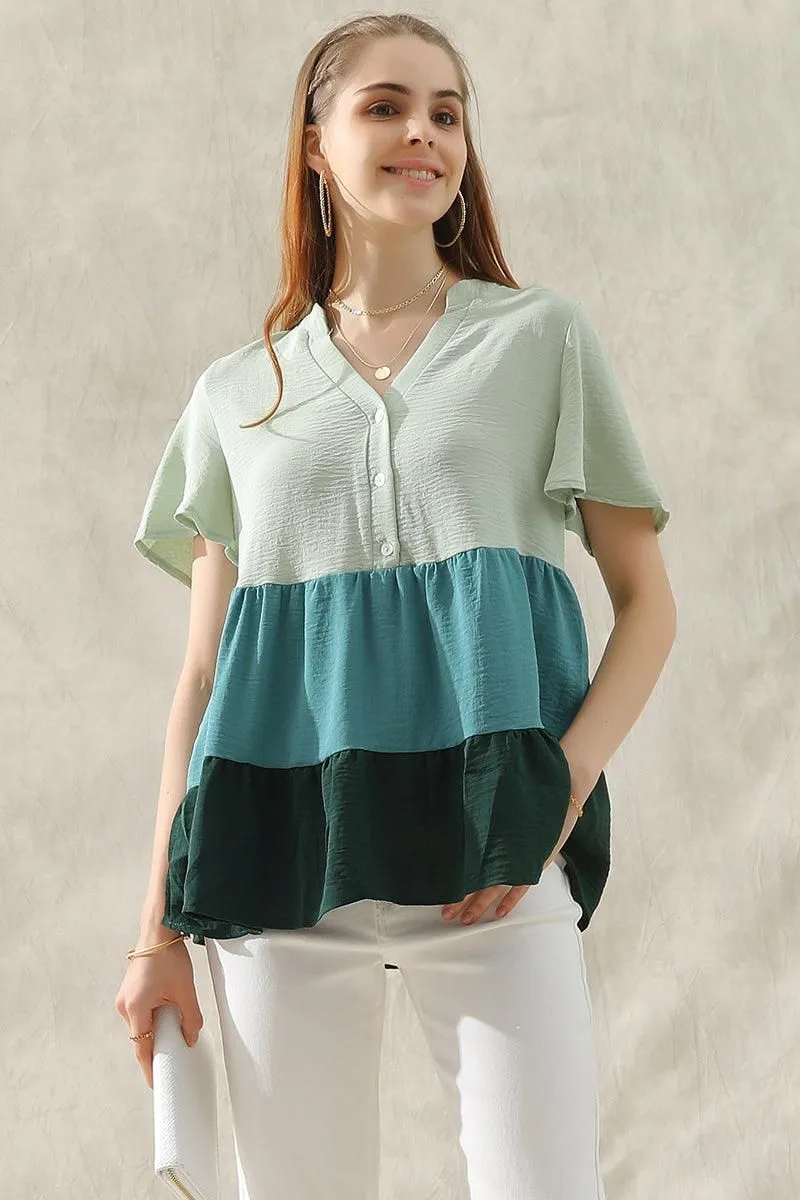 BUTTON UP COLOR BLOCK RUFFLED TUNIC TOP