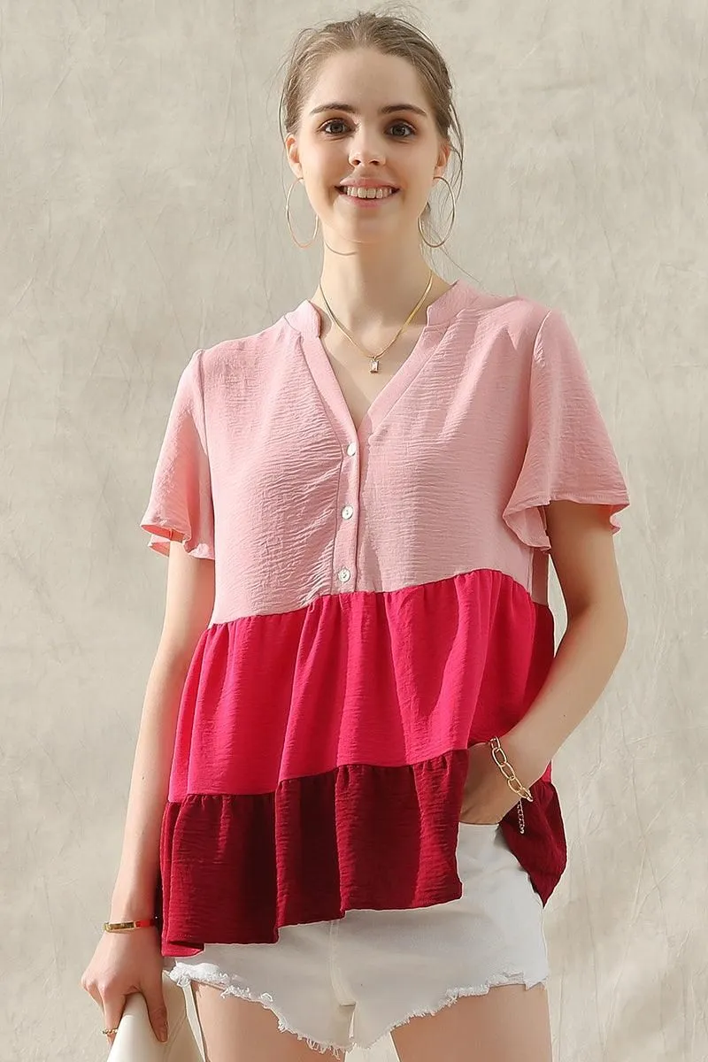 BUTTON UP COLOR BLOCK RUFFLED TUNIC TOP