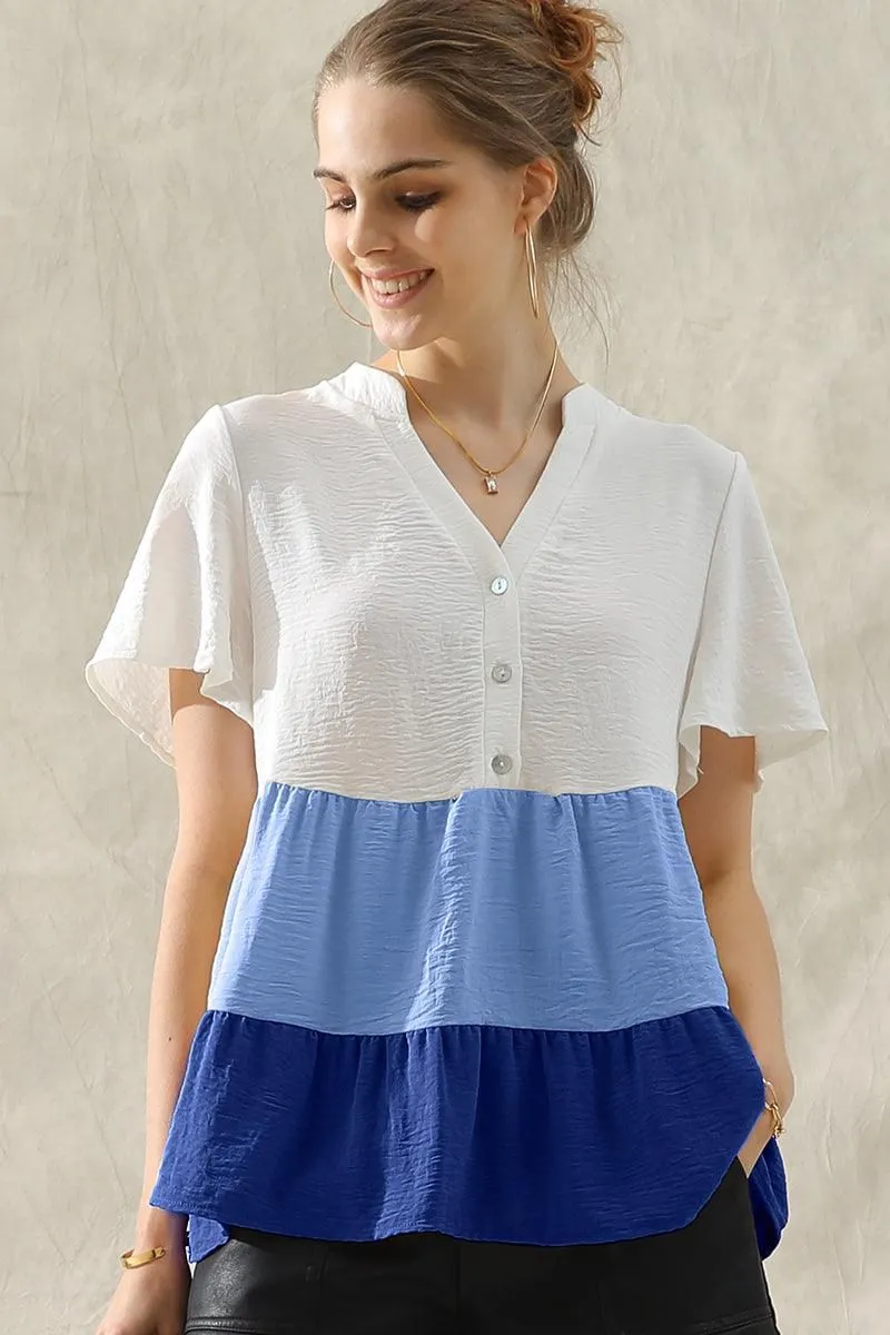 BUTTON UP COLOR BLOCK RUFFLED TUNIC TOP