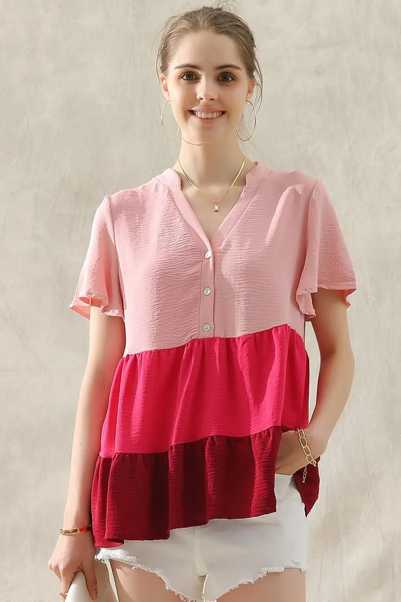 BUTTON UP COLOR BLOCK RUFFLED TUNIC TOP