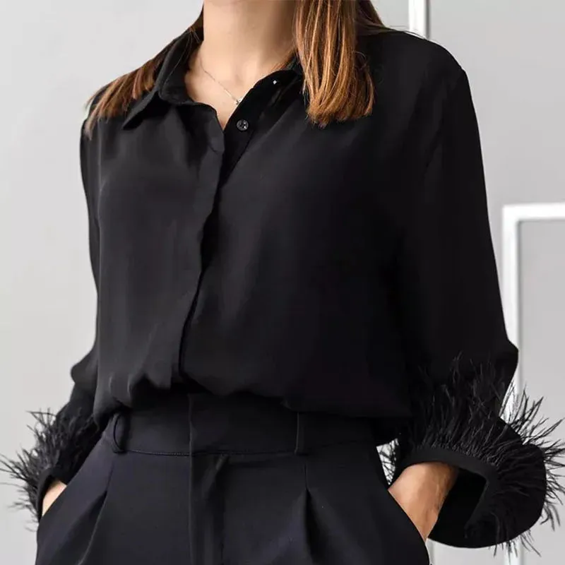 Button Up Spring Summer Fashion Feather Patchwork Long Sleeve Green Satin Office Lady Business Work Top Blouse