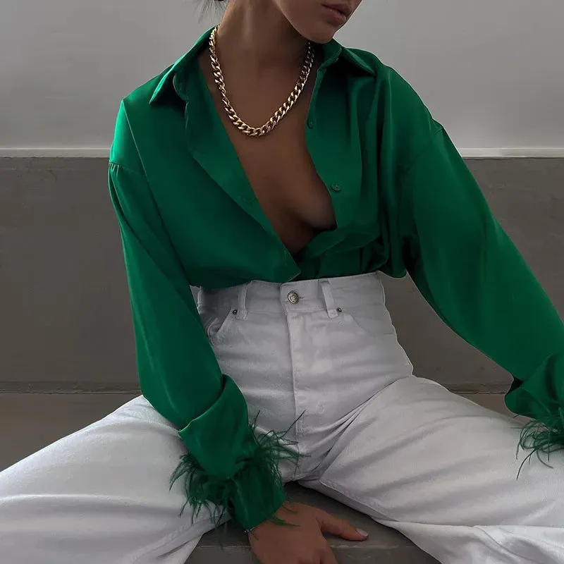 Button Up Spring Summer Fashion Feather Patchwork Long Sleeve Green Satin Office Lady Business Work Top Blouse