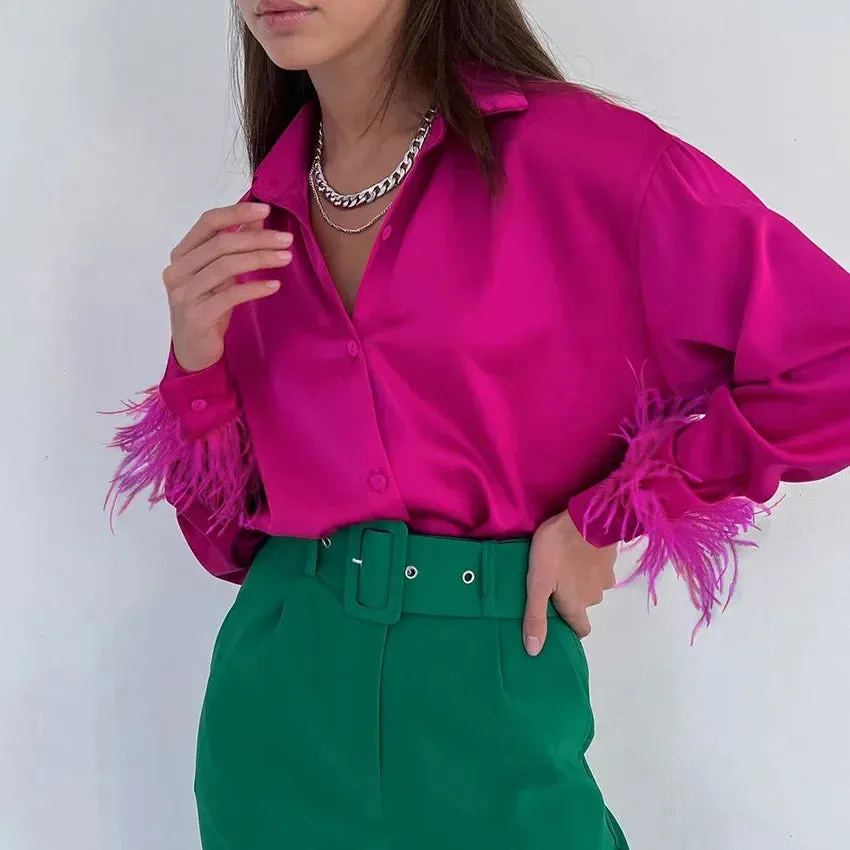 Button Up Spring Summer Fashion Feather Patchwork Long Sleeve Green Satin Office Lady Business Work Top Blouse