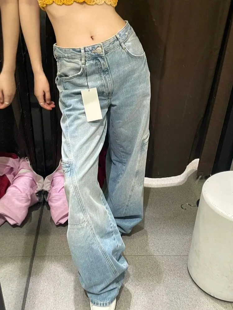 Cargo Jeans Women Fashion Blue Wide Leg High Waist Denim Pants